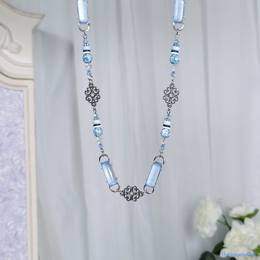 Aqua Blue Bar and Filigree Bead Necklace by The Jewelry Owl (thejewelryowl)