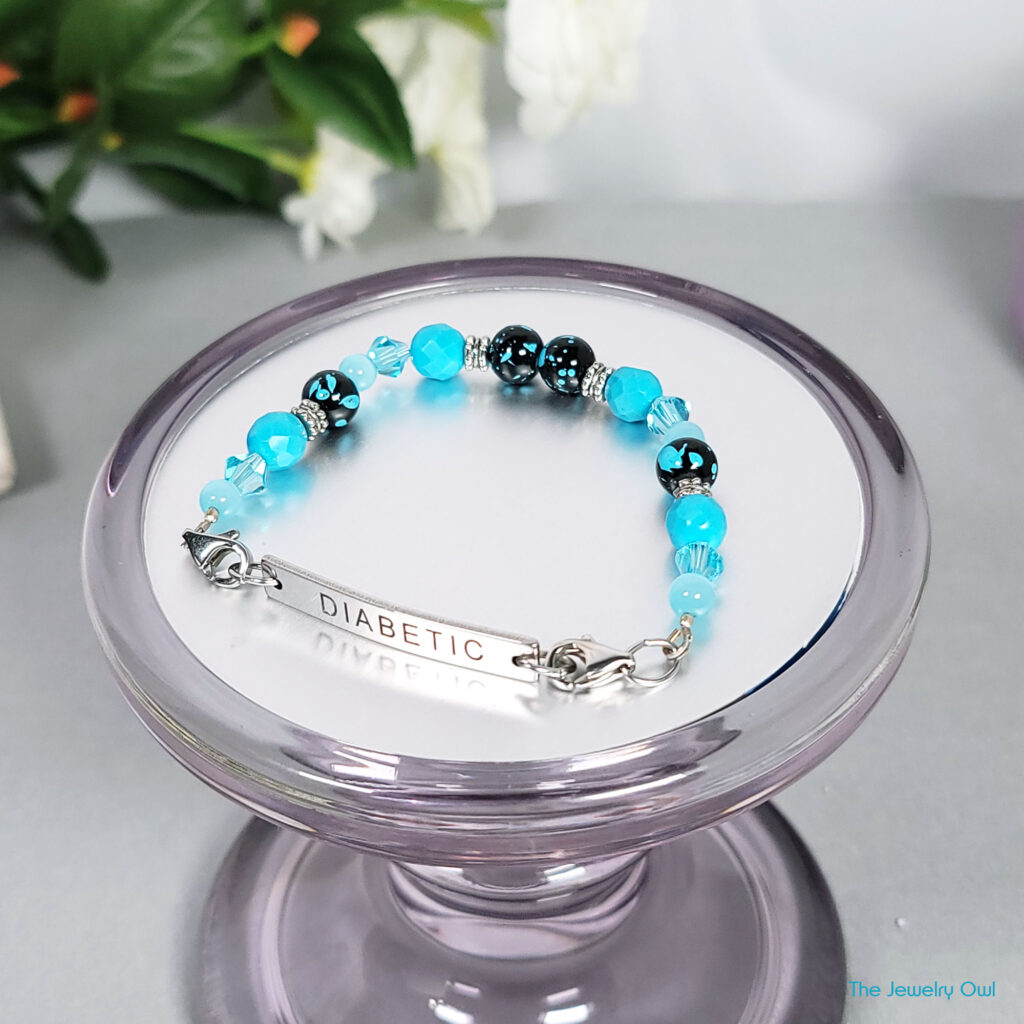 Interchangeable Band - Blue Turquoise and Black Marble Diabetic Medical ID Beaded Bracelet by The Jewelry Owl (thejewelryowl)