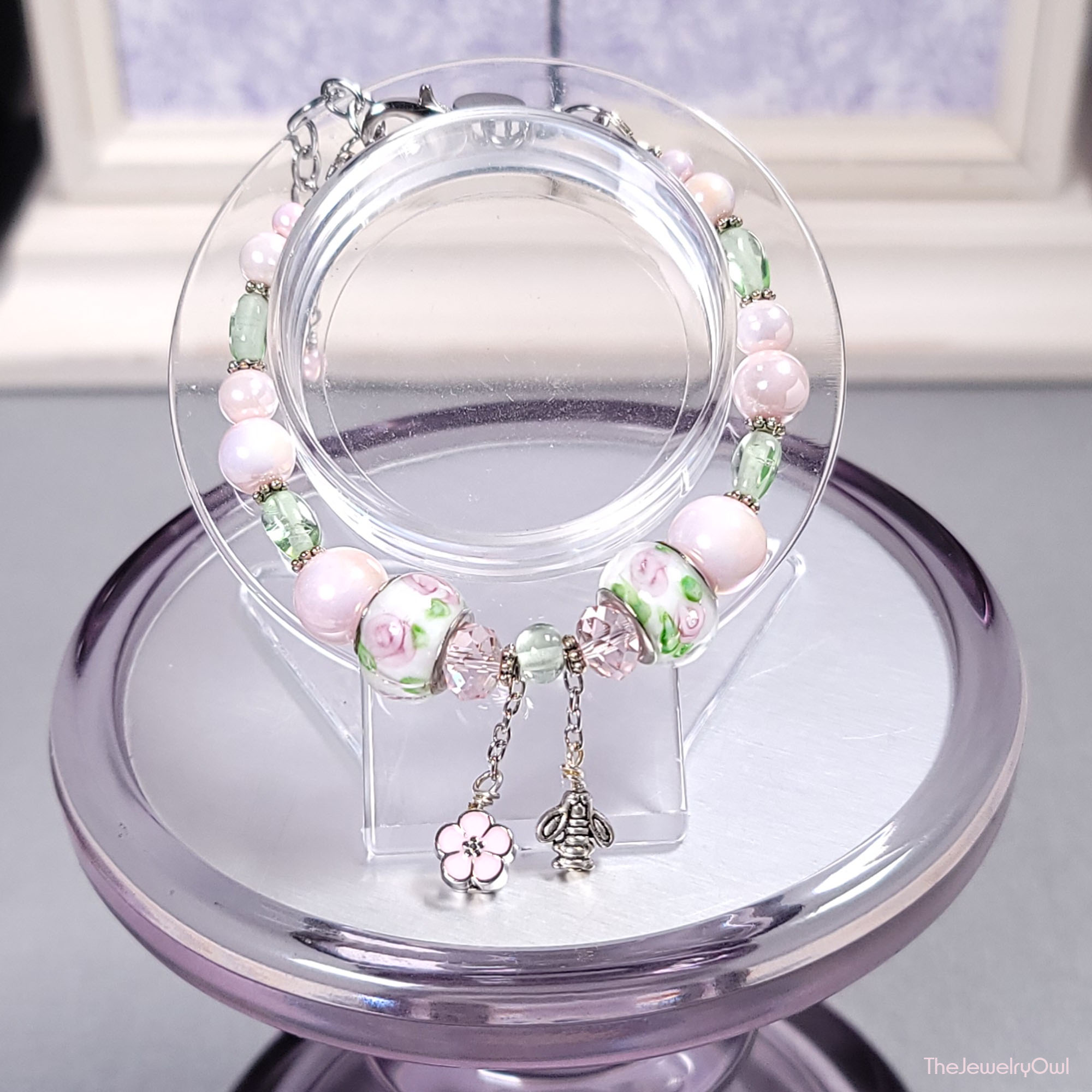 Pink Flower Beaded Bracelet by The Jewelry Owl (thejewelryowl)