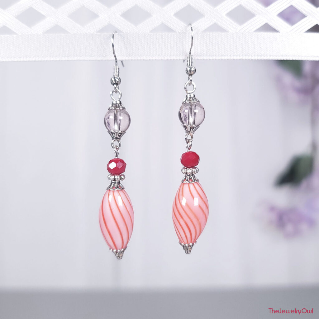 Blown Glass Red Striped Dangle Earrings by The Jewelry Owl (thejewelryowl)