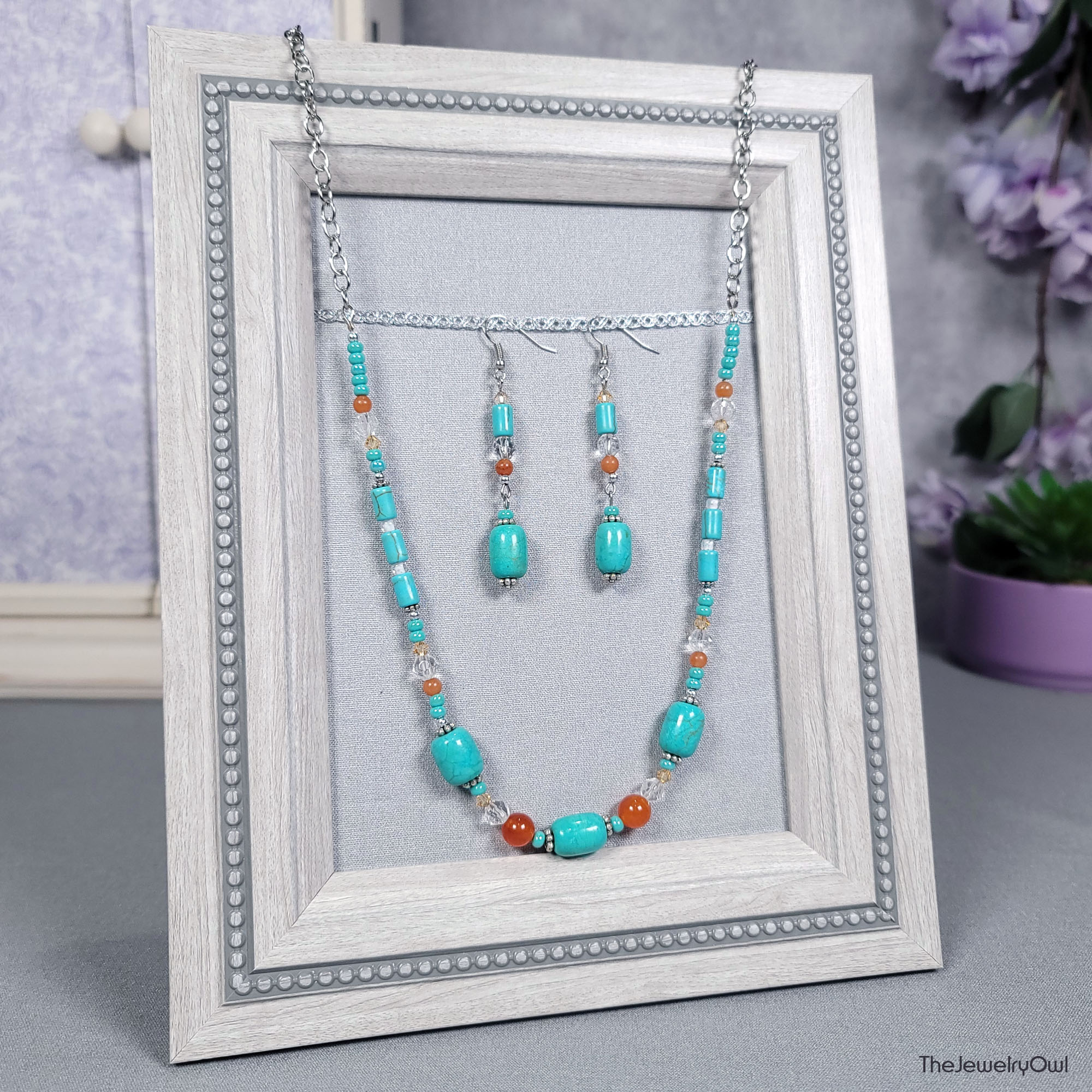 Turquoise Orange Beaded Necklace and Earring Set by The Jewelry Owl (thejewelryowl)