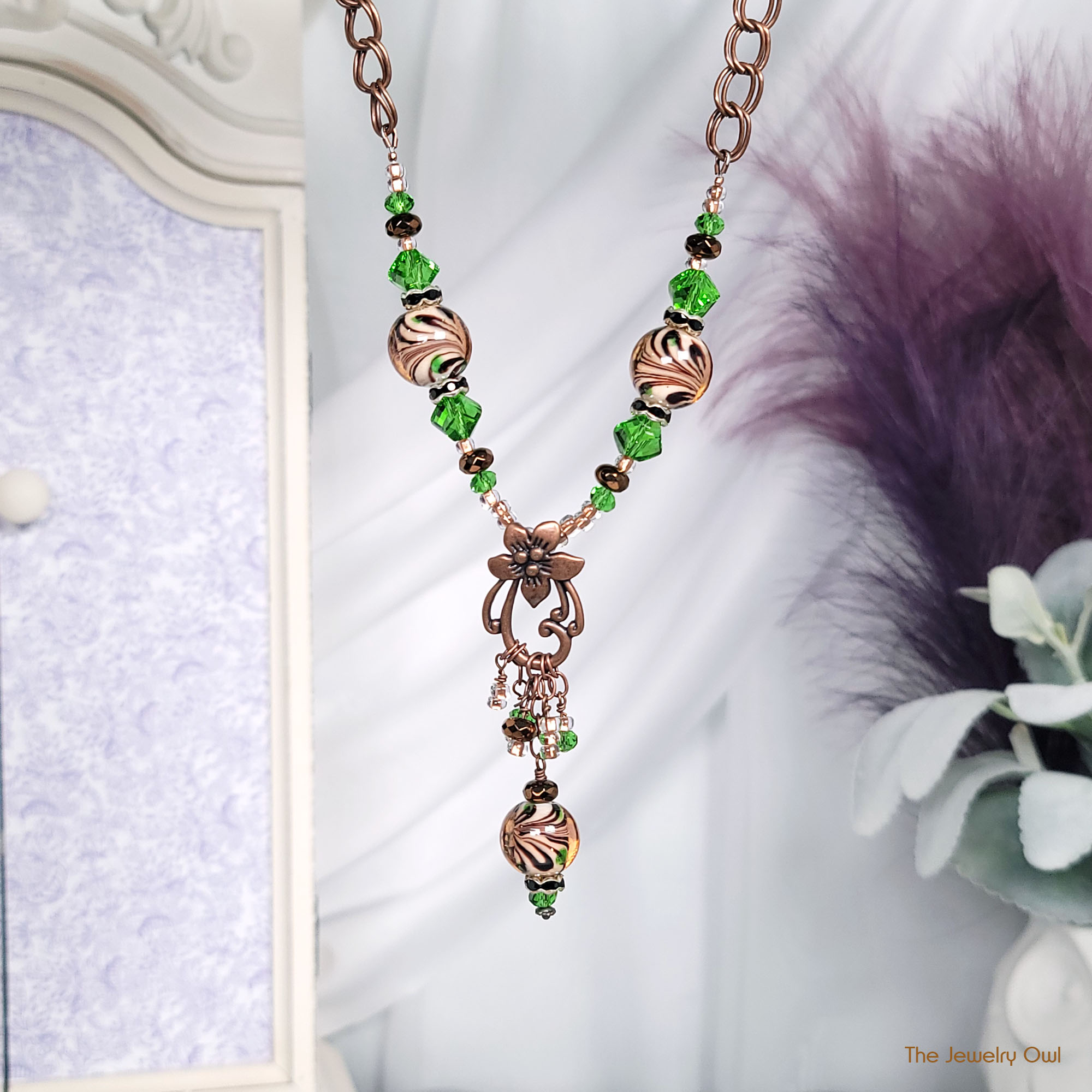 Copper, Caramel Tone and Green Beaded Necklace by The Jewelry Owl (thejewelryowl)