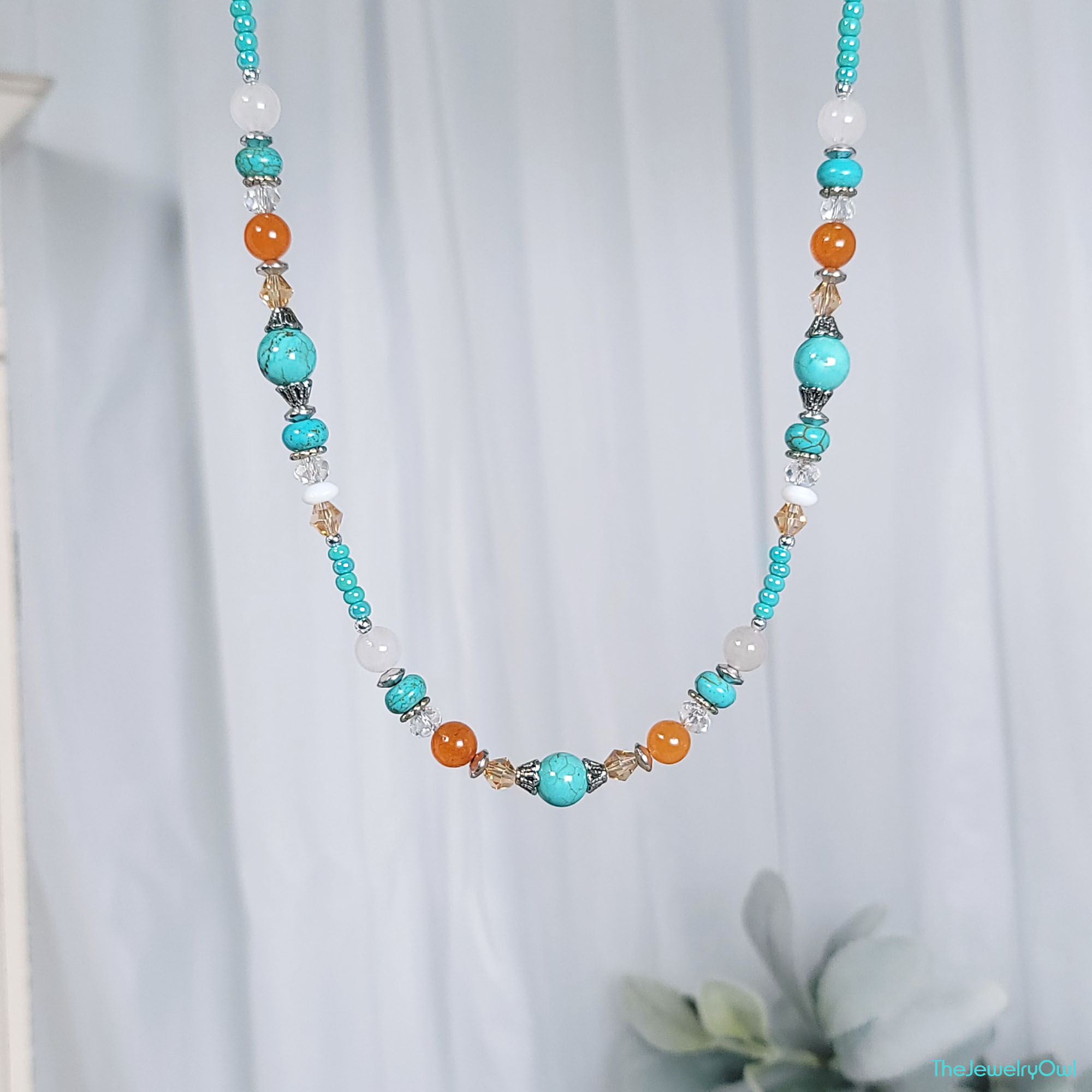 Turquoise and Orange Beaded Necklace by The Jewelry Owl (thejewelryowl)