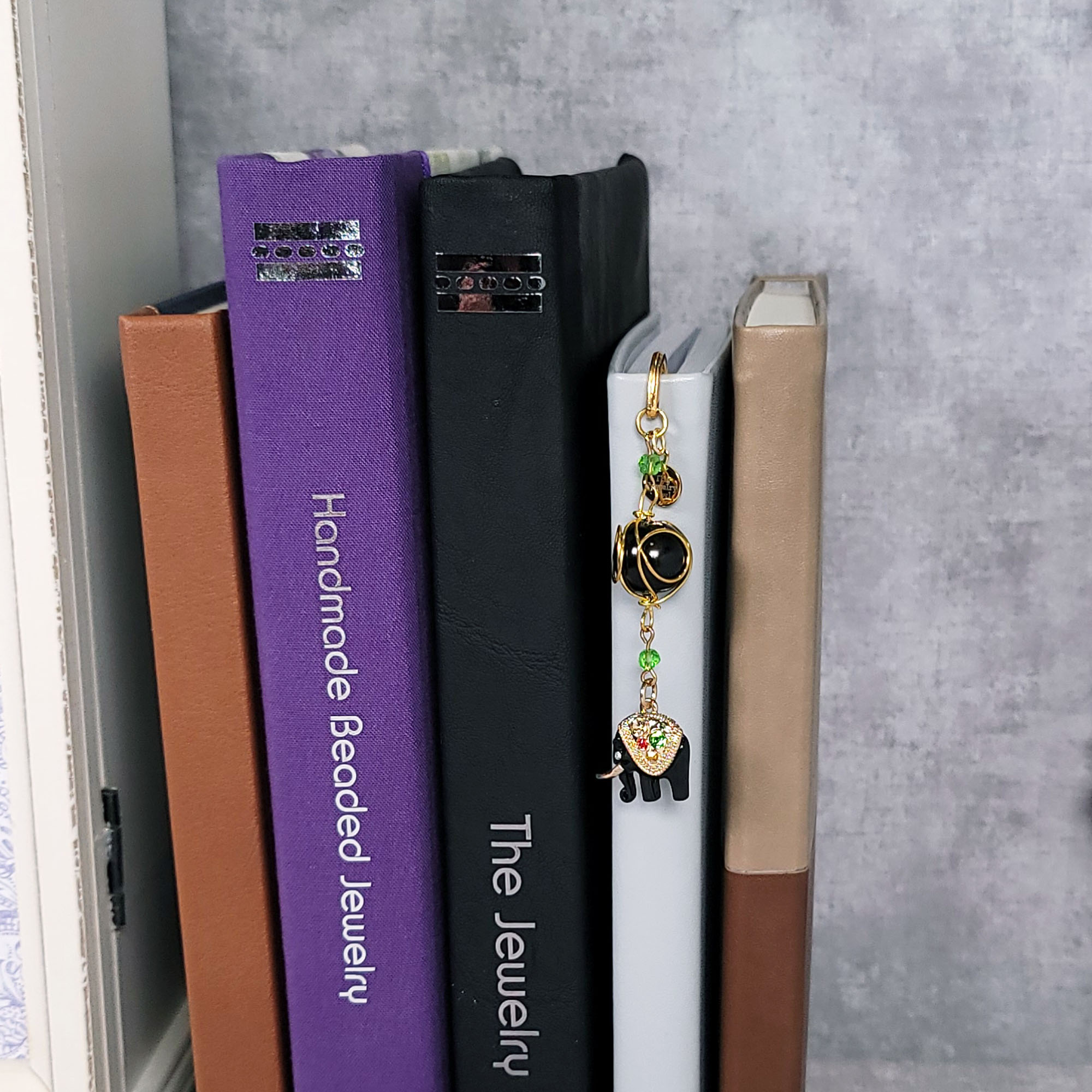 Black and Gold Elephant Shepherd Hook Bookmark by The Jewelry Owl (thejewelryowl)