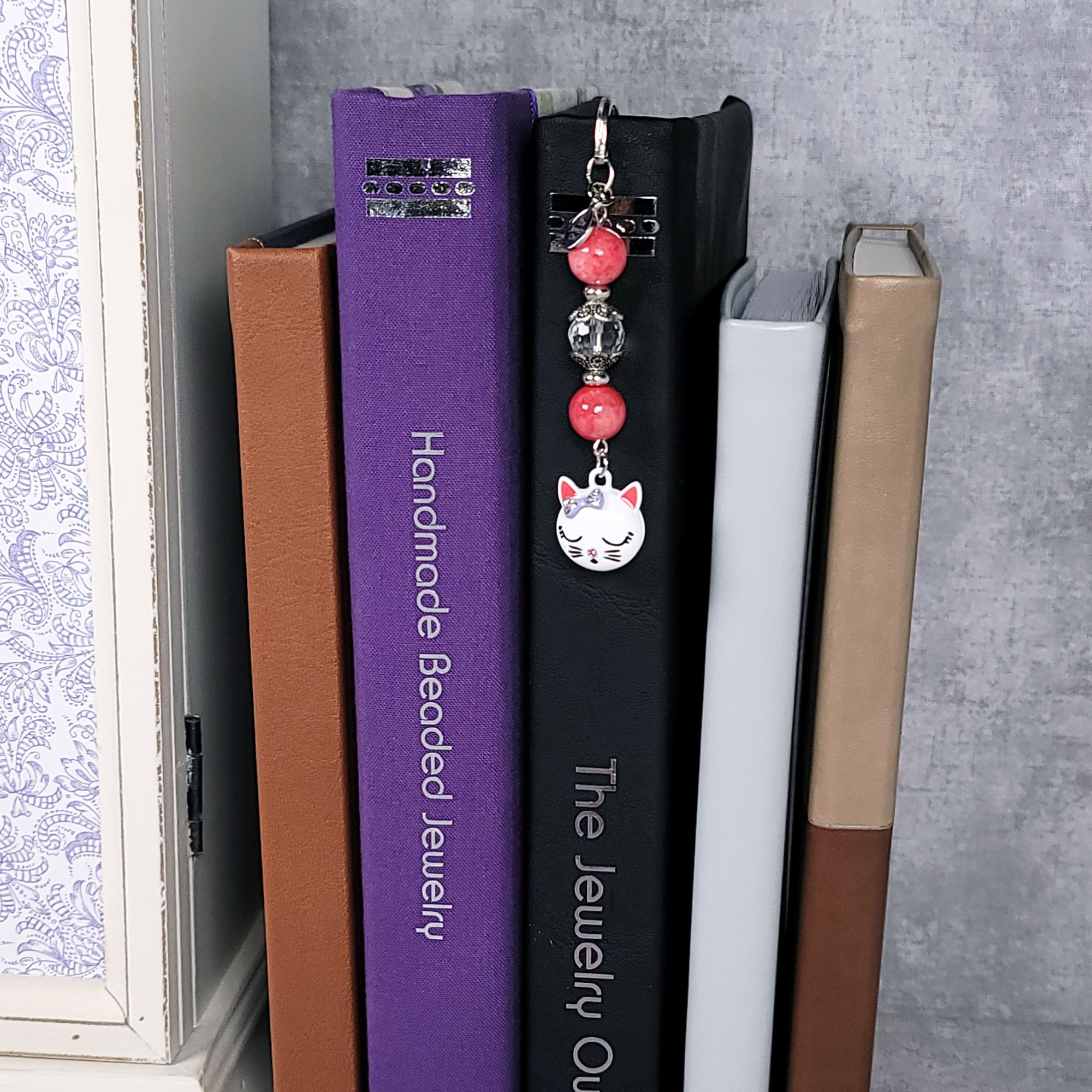 Pink and White Cat Shepherd's Hook Bookmark by The Jewelry Owl (thejewelryowl)