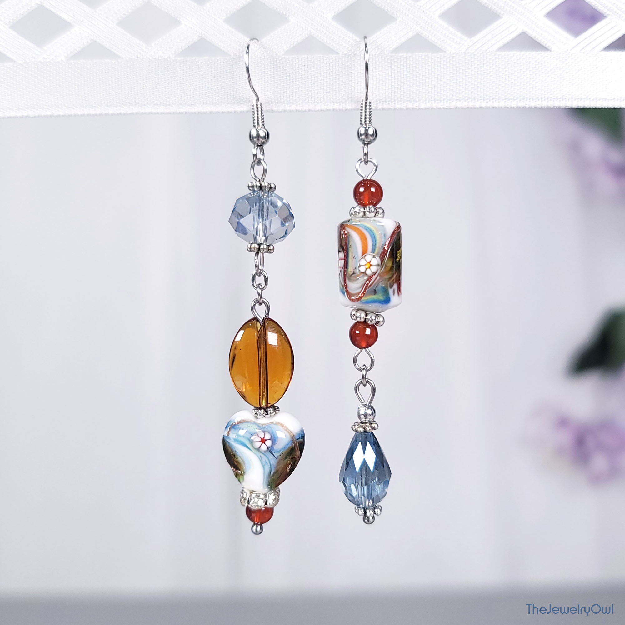 Brown and Blue Asymmetrical Dangle Earrings by The Jewelry Owl (thejewelryowl)