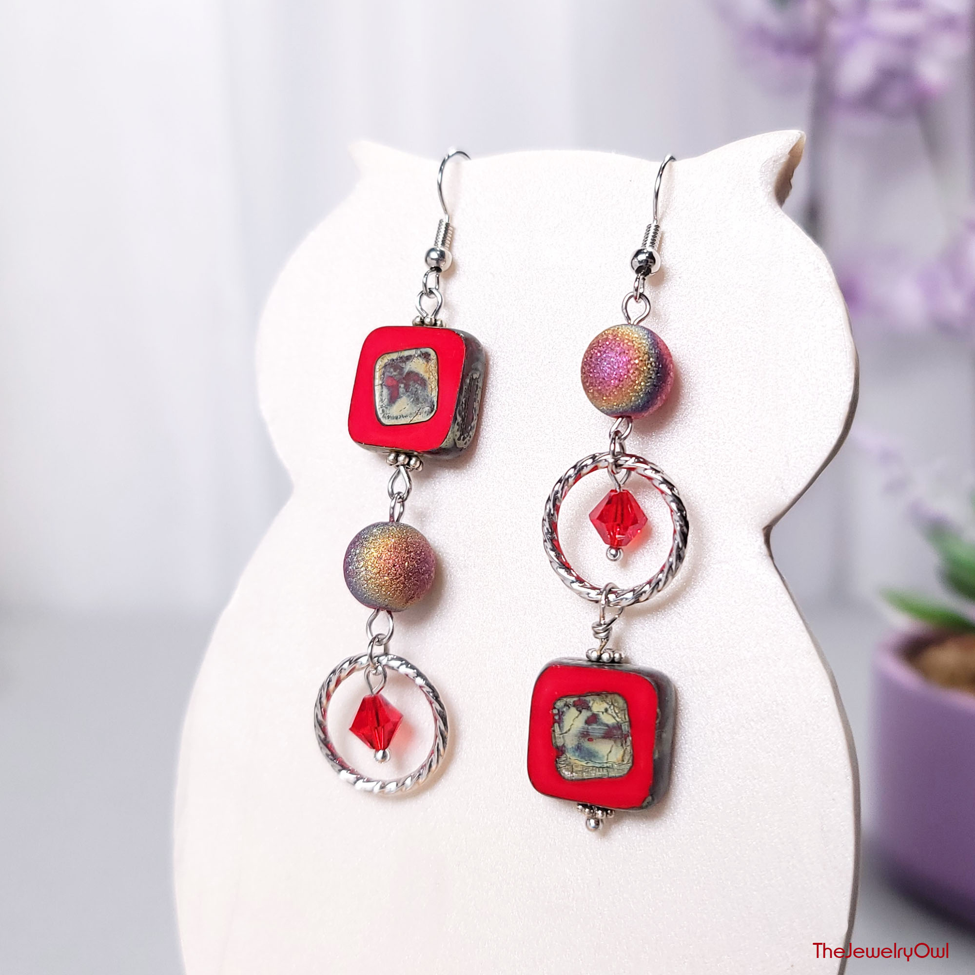 Mismatched Red Dangle Bead Earrings by The Jewelry Owl (thejewelryowl)
