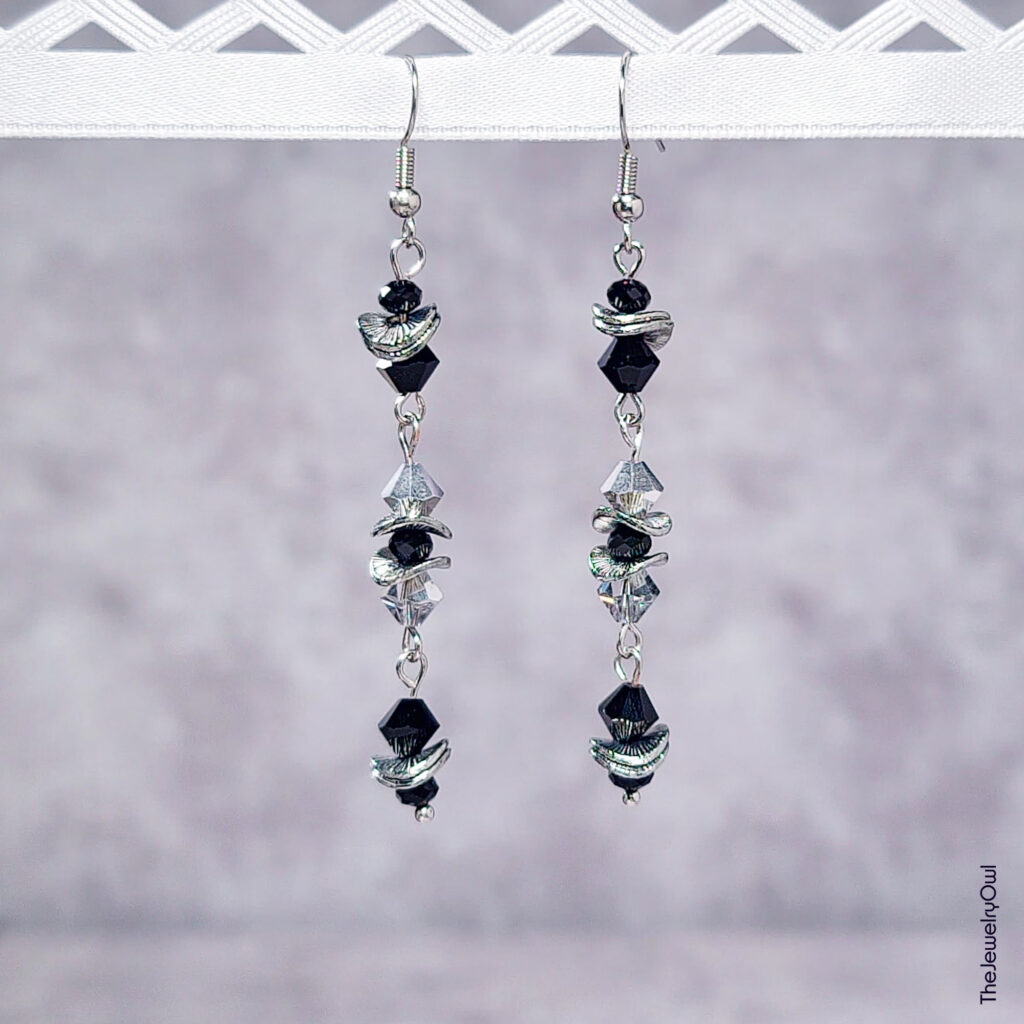 Black and Silver Long Slim Dangle Earrings by The Jewelry Owl (thejewelryowl)