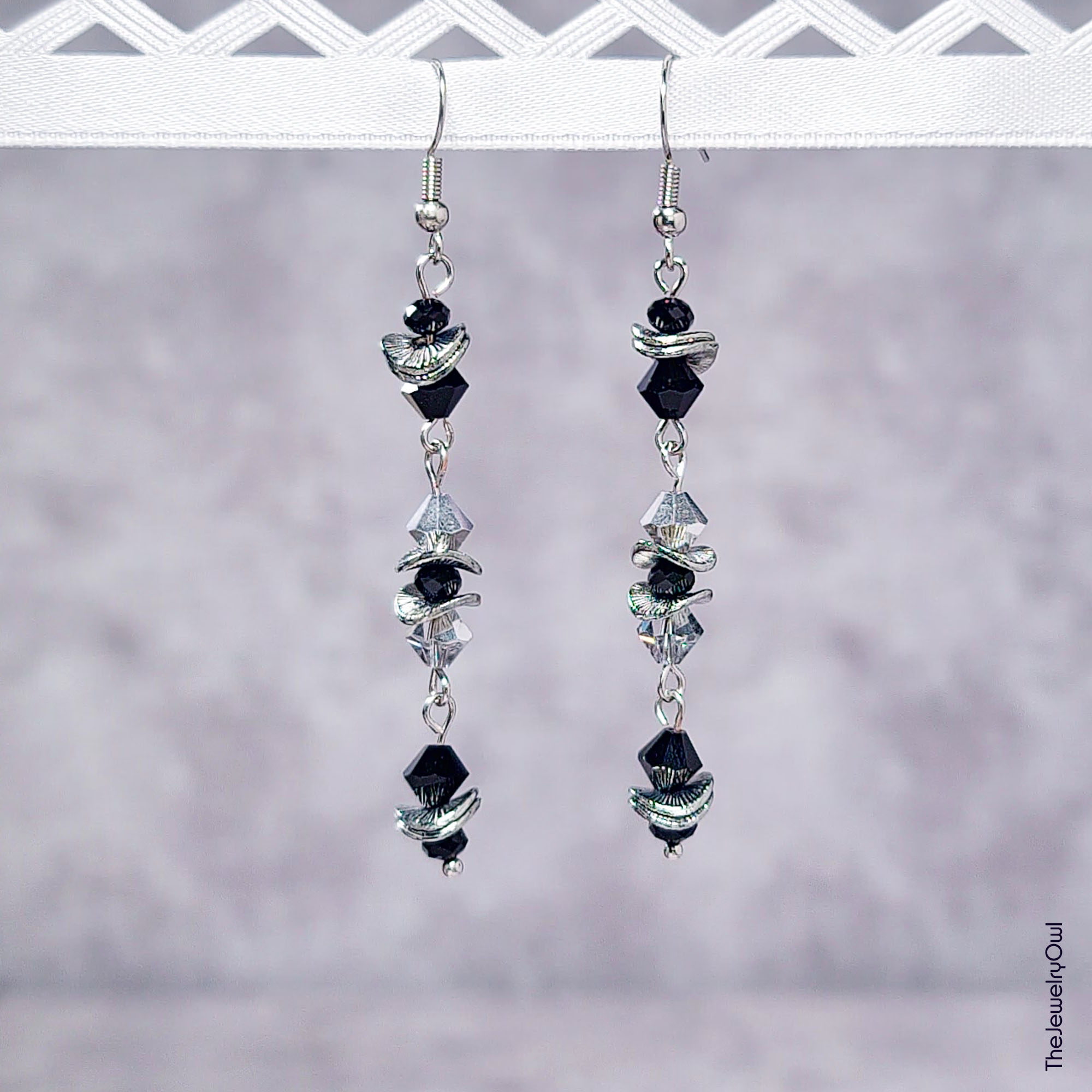 Black and Silver Long Slim Dangle Earrings by The Jewelry Owl (thejewelryowl)
