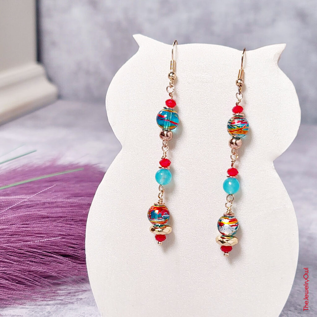 Rose Gold Aqua Blue and Red Long Slim Earrings by The Jewelry Owl (thejewelryowl)
