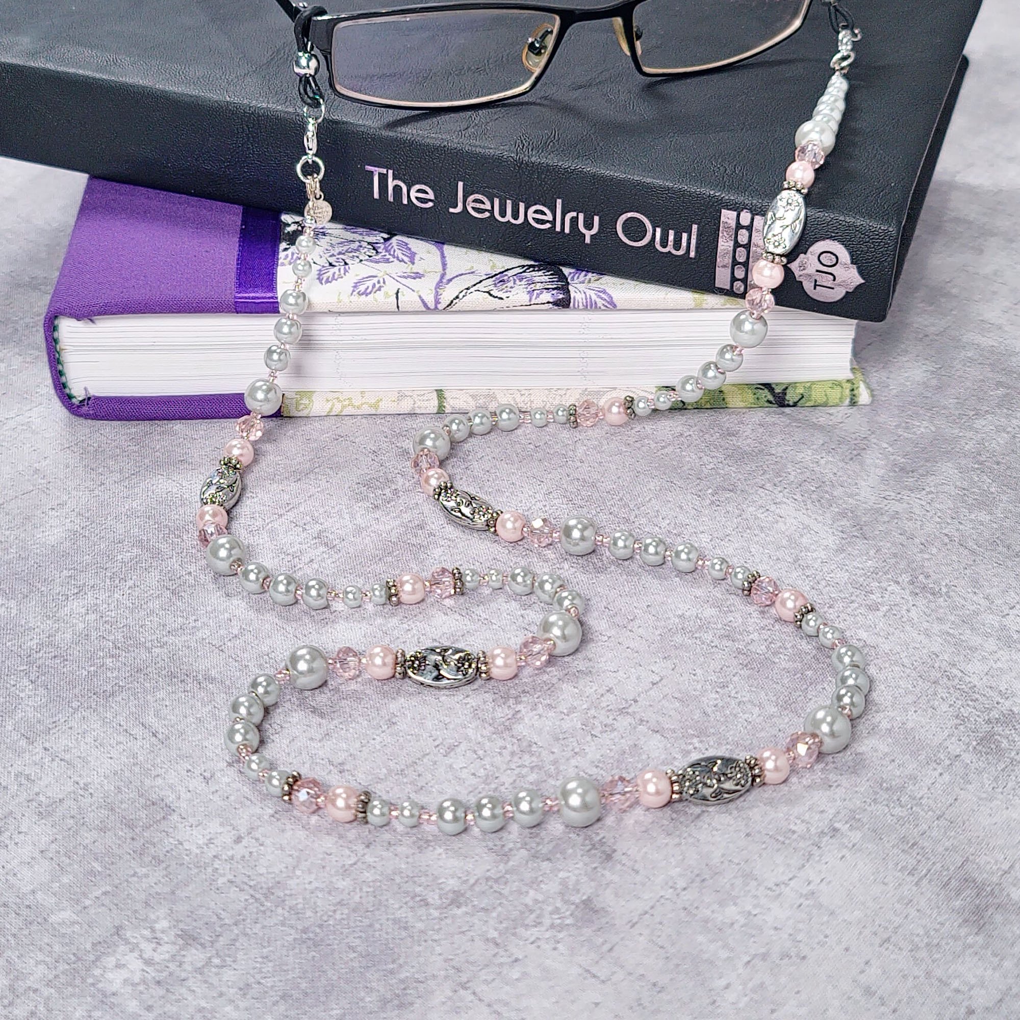 Gray and Pink Beaded Eyeglass Chain by The Jewelry Owl (thejewelryowl)