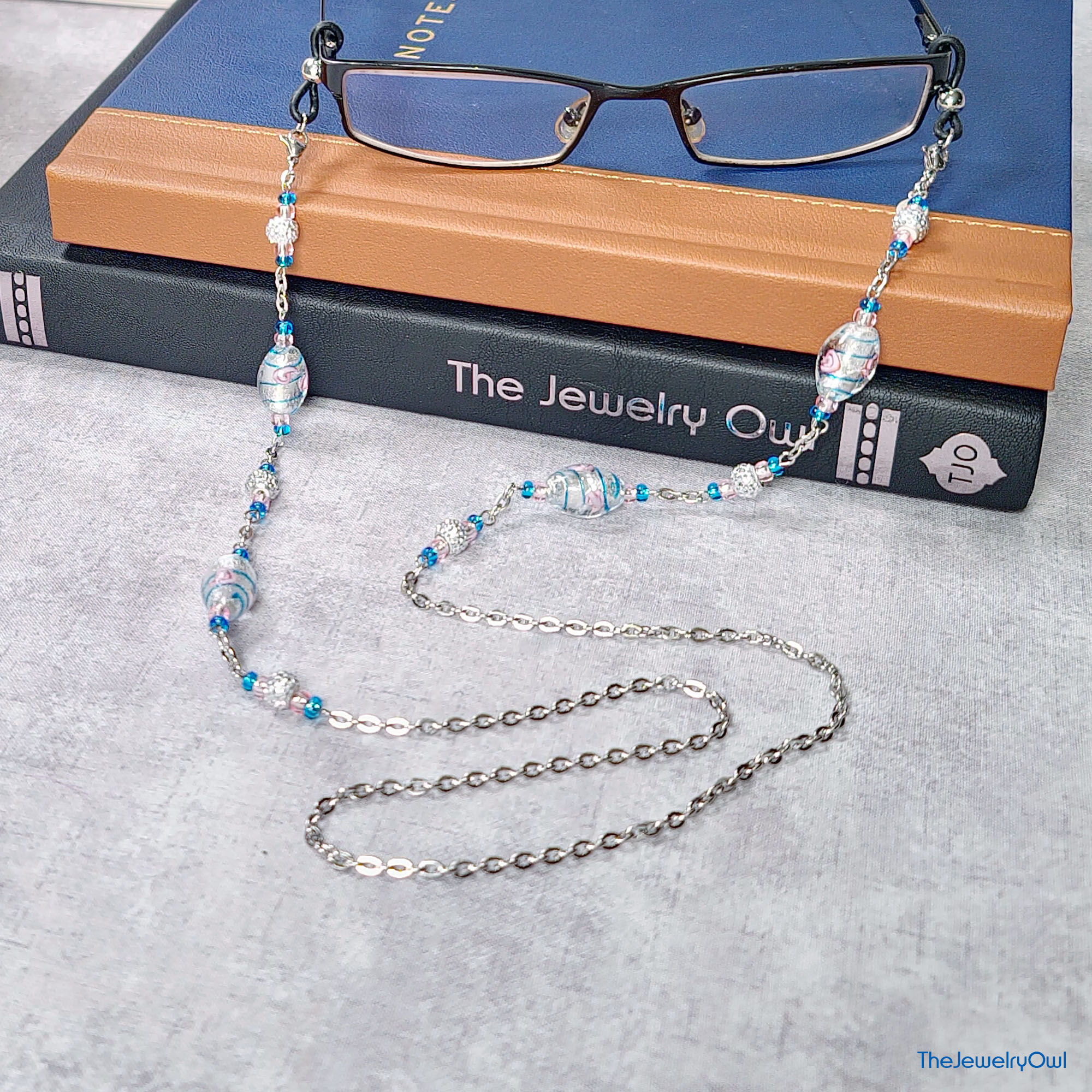 Silver Foil and Floral Lampwork Eyeglass Chain by The Jewelry Owl (thejewelryowl)