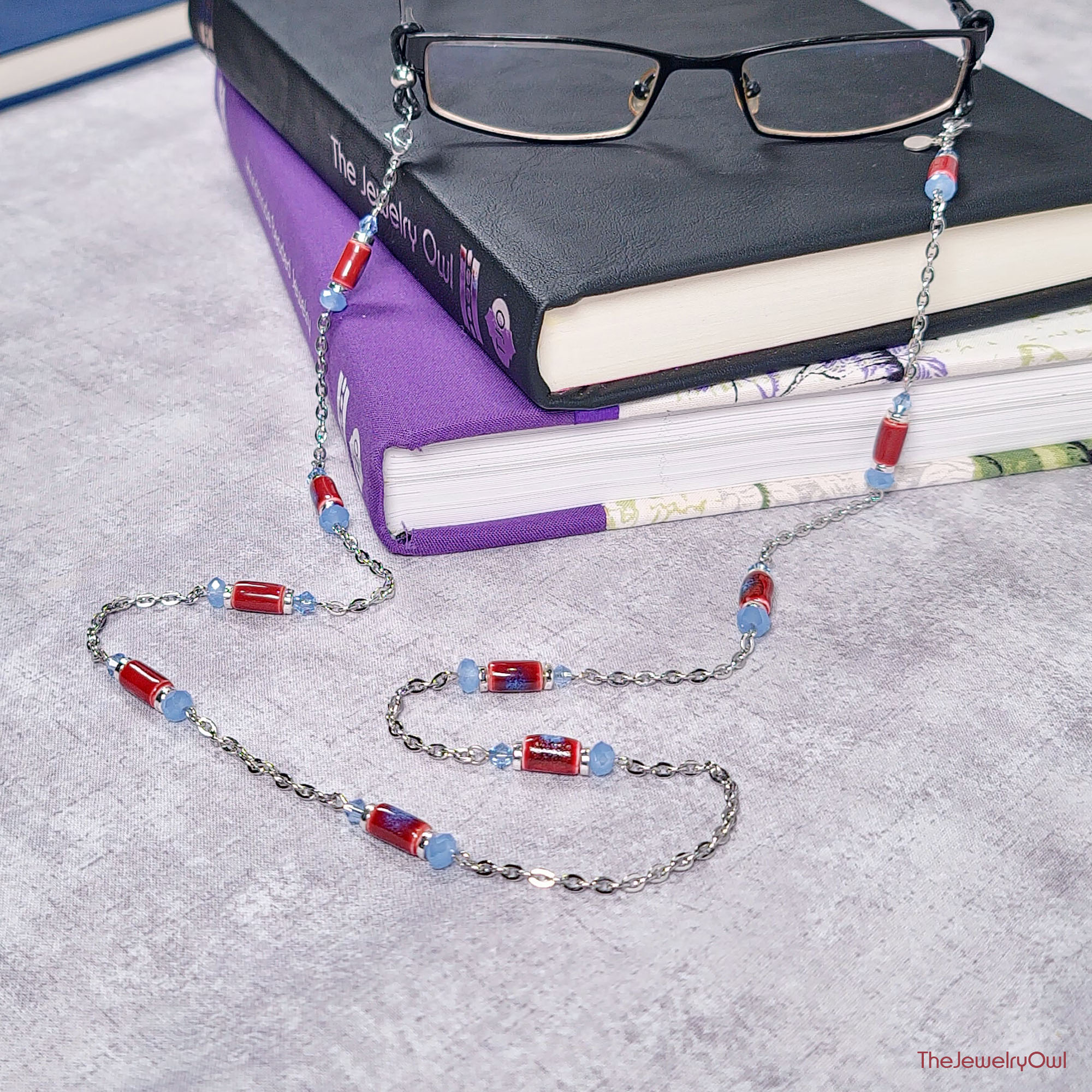 Brick Red and Blue Bead and Chain Eyeglass Chain by the jewelry owl (thejewelryowl)