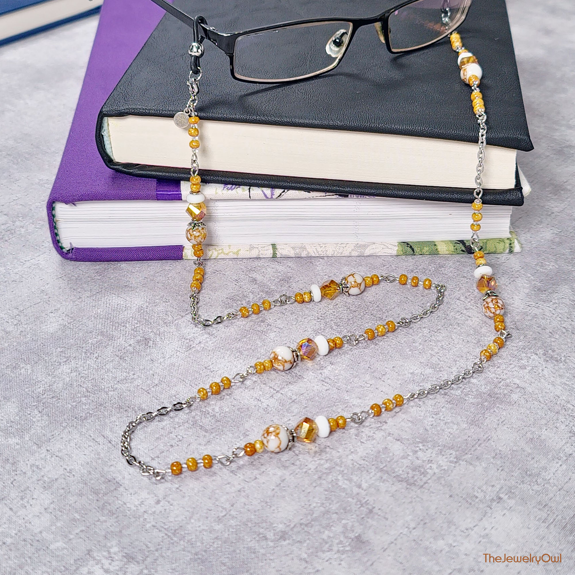 Gold Spun White Howlite Beaded Eyeglass Chain by The Jewelry Owl (thejewelryowl)