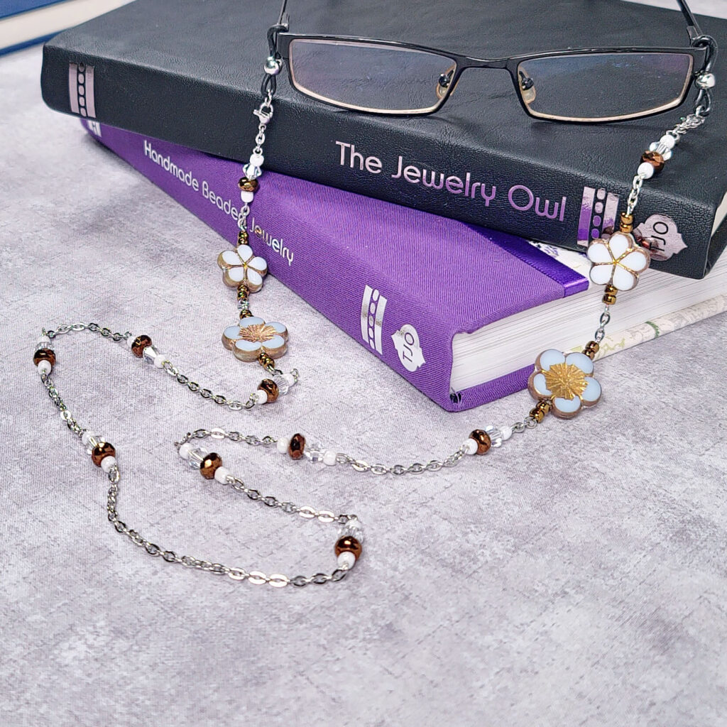 White and Bronze Czech Flower Eyeglass Chain by The Jewelry Owl (thejewelryowl)