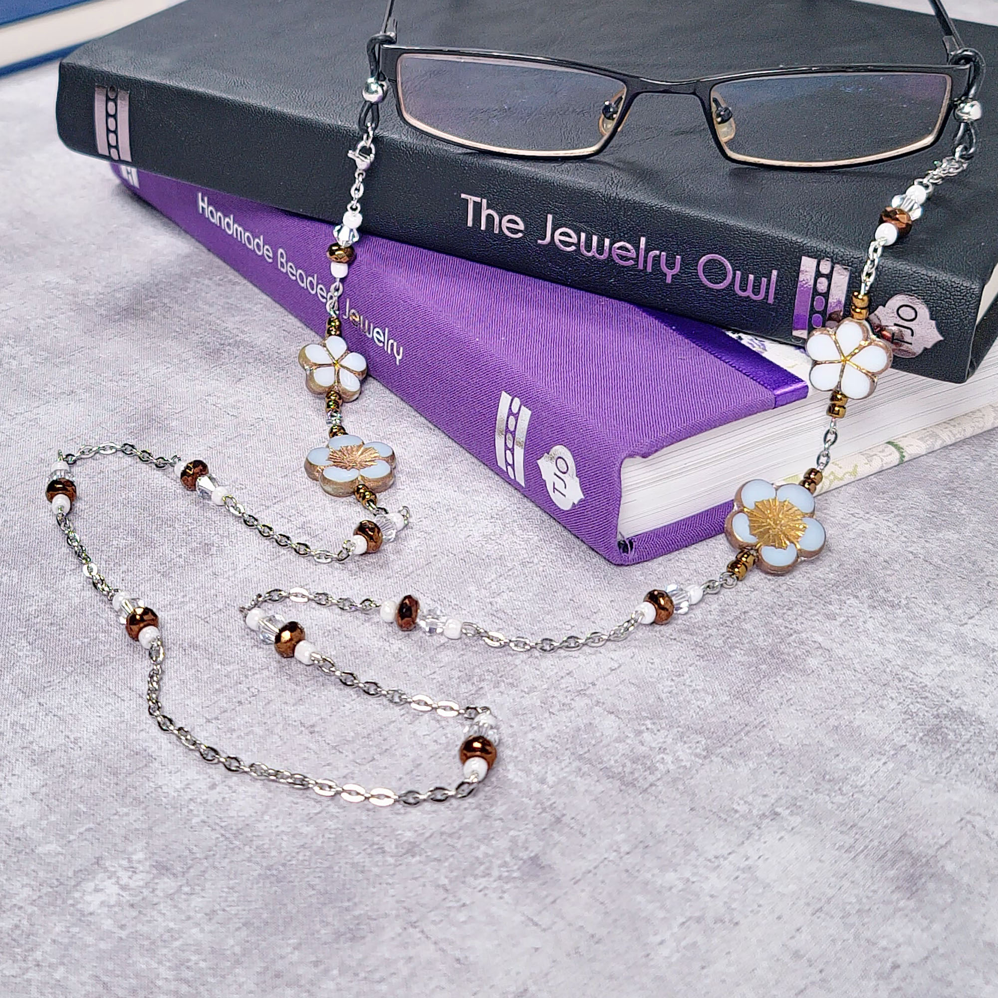 White and Bronze Czech Flower Eyeglass Chain by The Jewelry Owl (thejewelryowl)