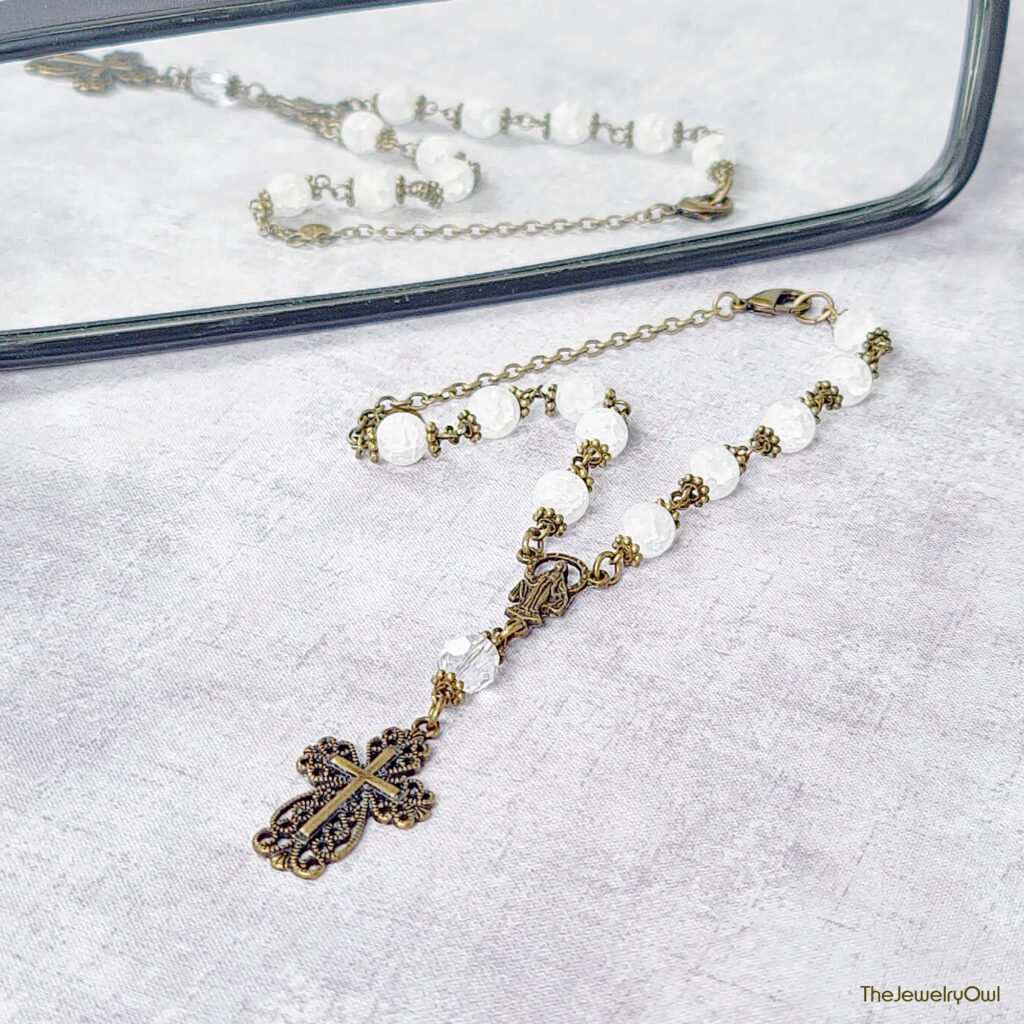 Antique Brass and White Quartz Car Rosary by The Jewelry Owl (thejewelryowl)