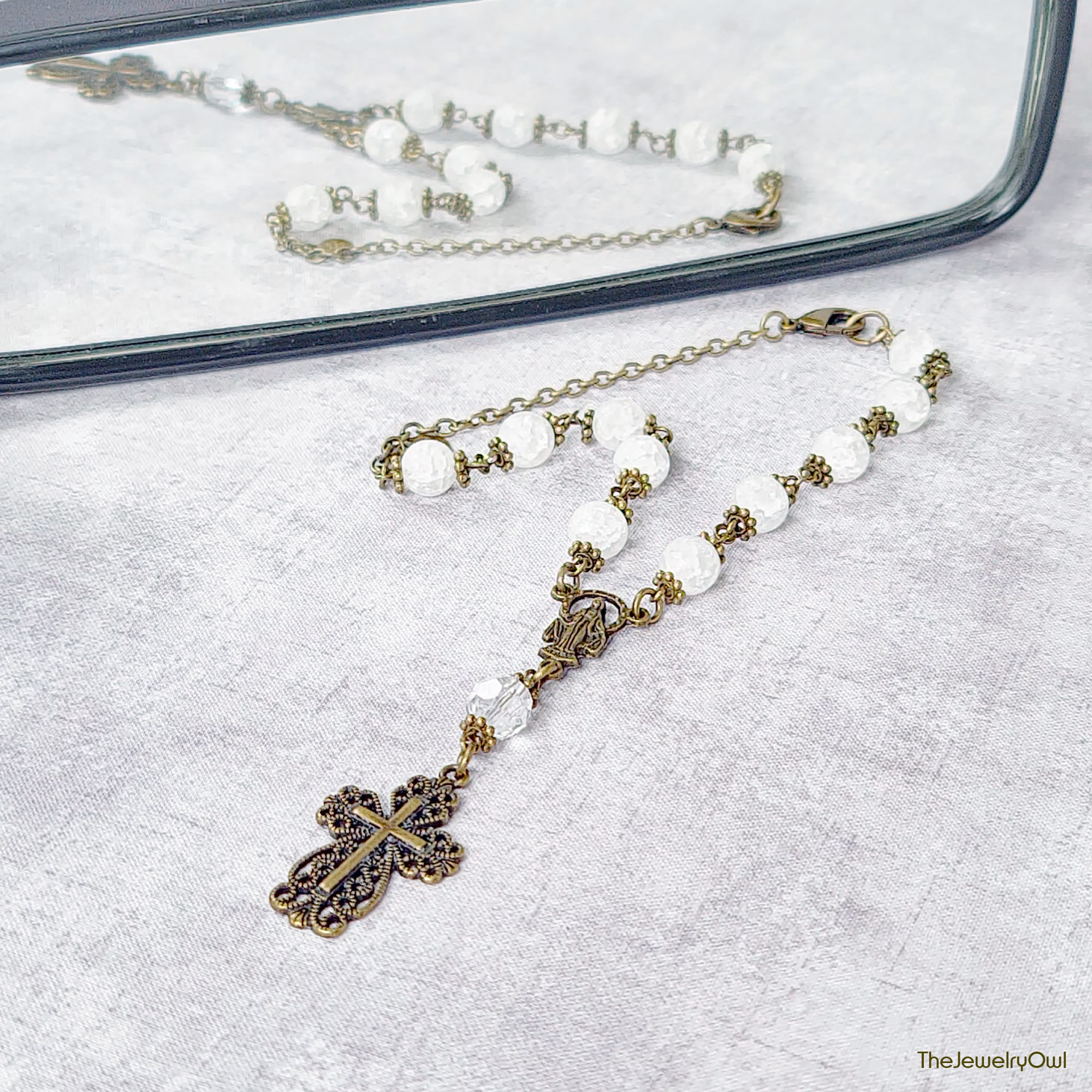 Antique Brass and White Quartz Car Rosary by The Jewelry Owl (thejewelryowl)