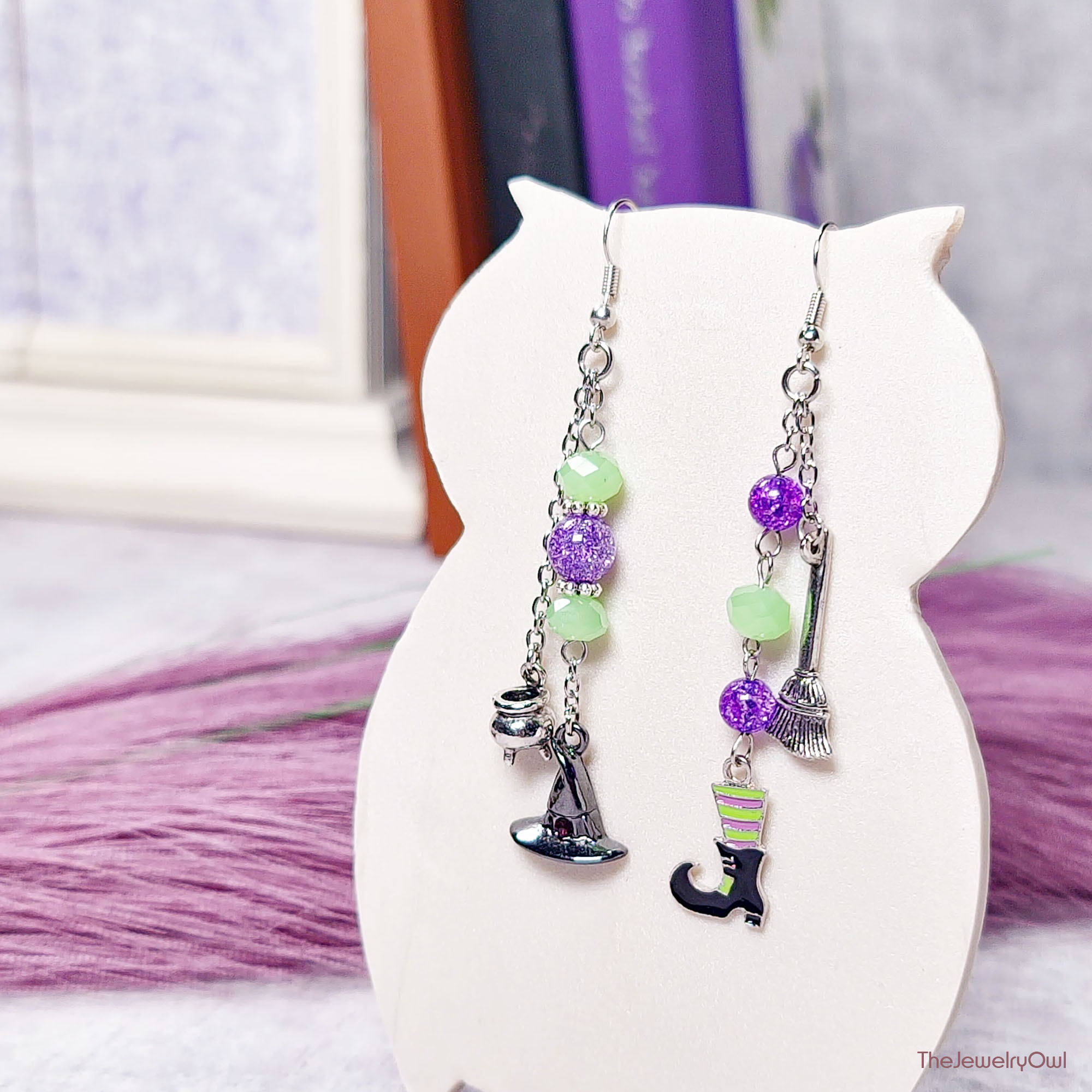 Purple and Green Mismatch Witch Earrings - Halloween Jewelry by The Jewelry Owl (thejewelryowl)