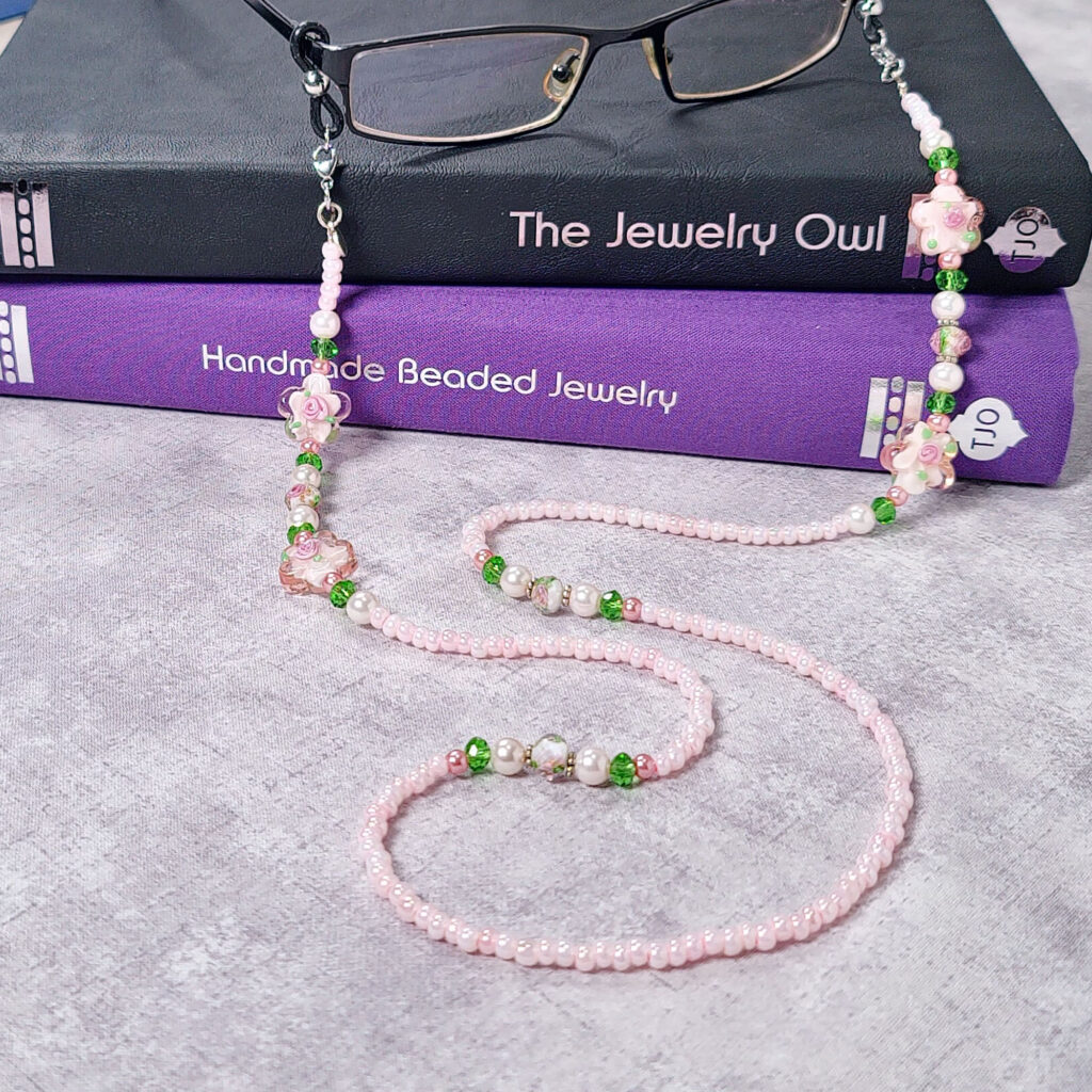 Pink Flower Beaded Eyeglass Chain by The Jewelry Owl (thejewelryowl)