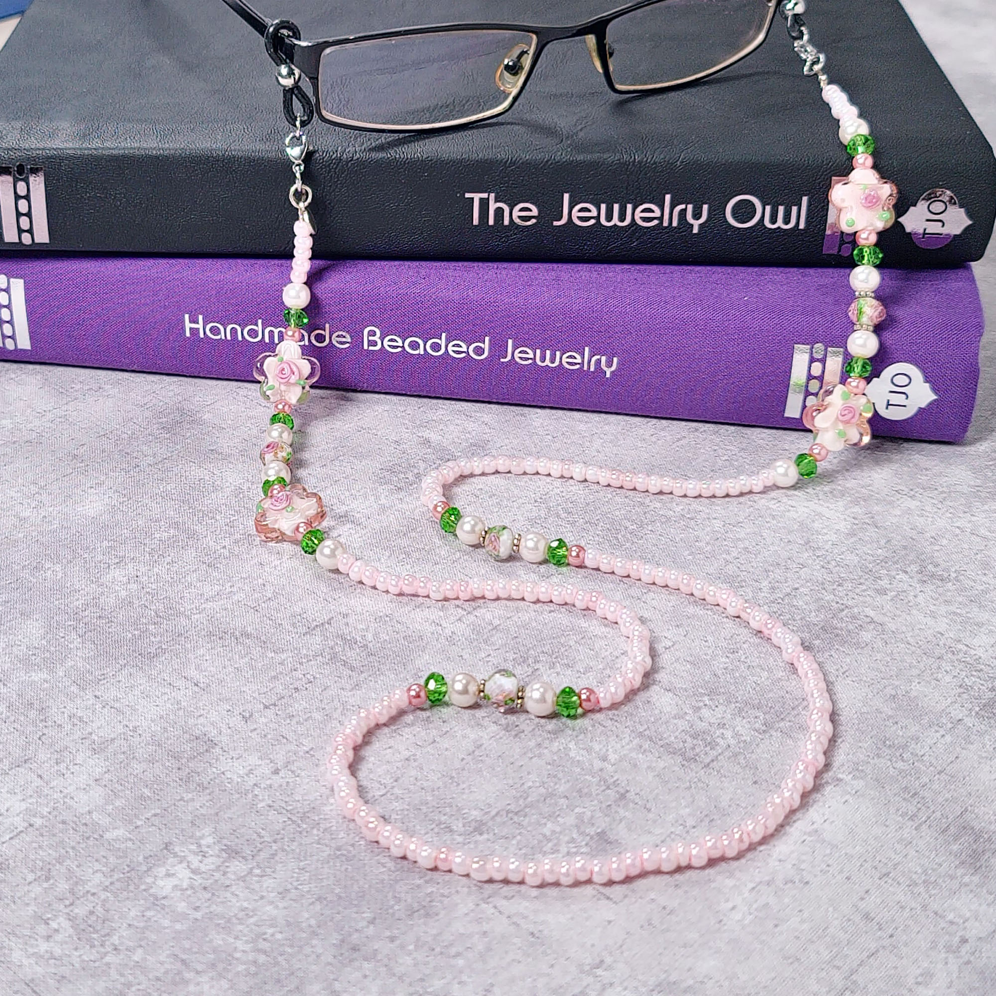 Pink Flower Beaded Eyeglass Chain by The Jewelry Owl (thejewelryowl)